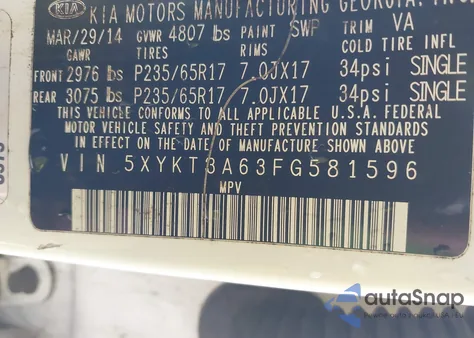 2015 Kia Sorento Lx from USA, damaged, VIN 5XYKT3A63FG581596